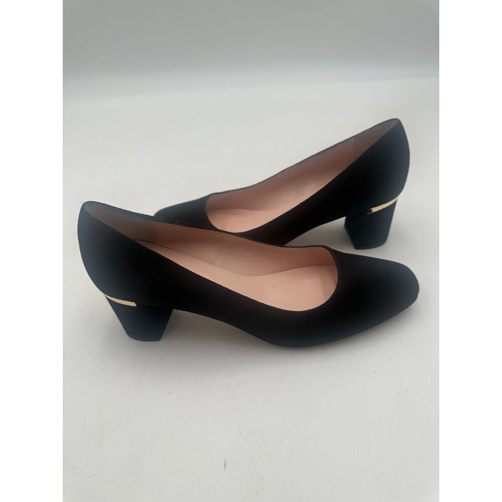 Kate Spade Dolores Too Black Suede Block Heel Pumps Gold Trim Almond Toe Size 8M